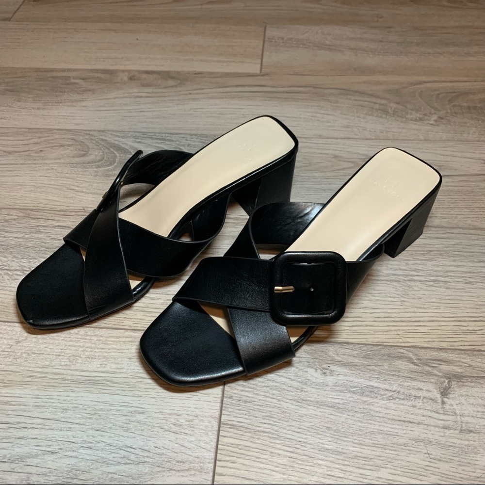 Women’s H by Halston black trendy buckle block sandal heels